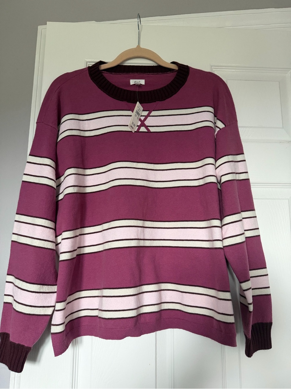 aerie Striped Crewneck Sweater and pants in Magenta and Light Pink
